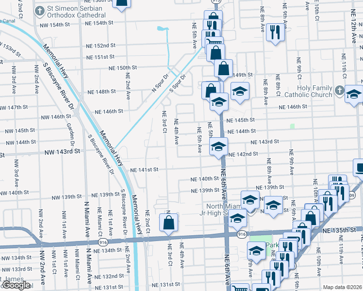 map of restaurants, bars, coffee shops, grocery stores, and more near 14290 Northeast 4th Avenue in Miami