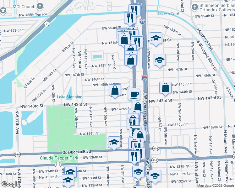 map of restaurants, bars, coffee shops, grocery stores, and more near 815 Northwest 144th Street in Miami