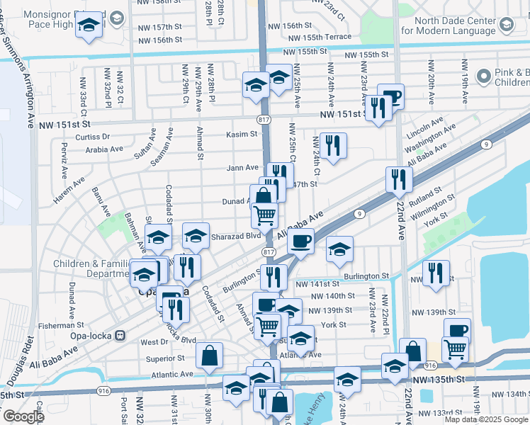 map of restaurants, bars, coffee shops, grocery stores, and more near 14504 Northwest 27th Avenue in Opa-locka