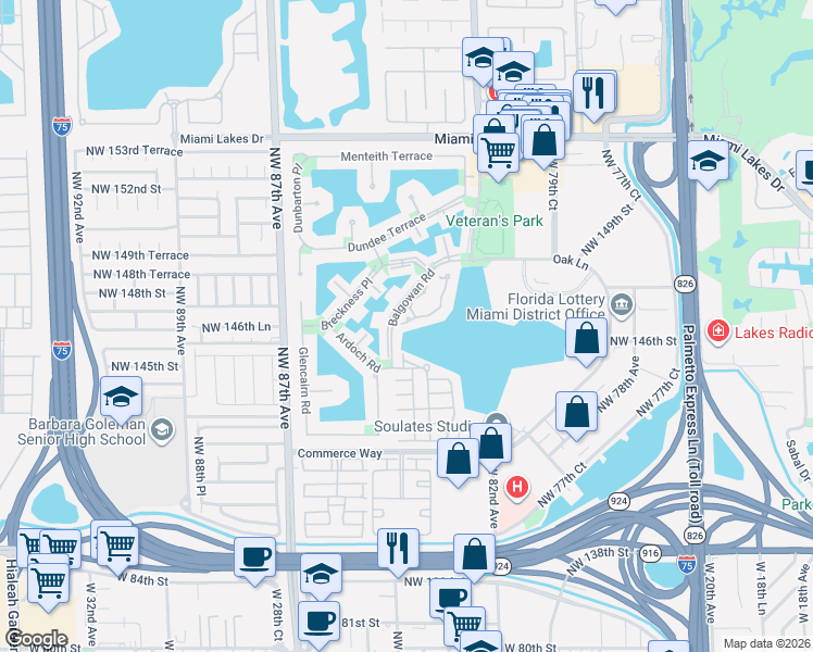map of restaurants, bars, coffee shops, grocery stores, and more near 14621 Balgowan Road in Miami Lakes