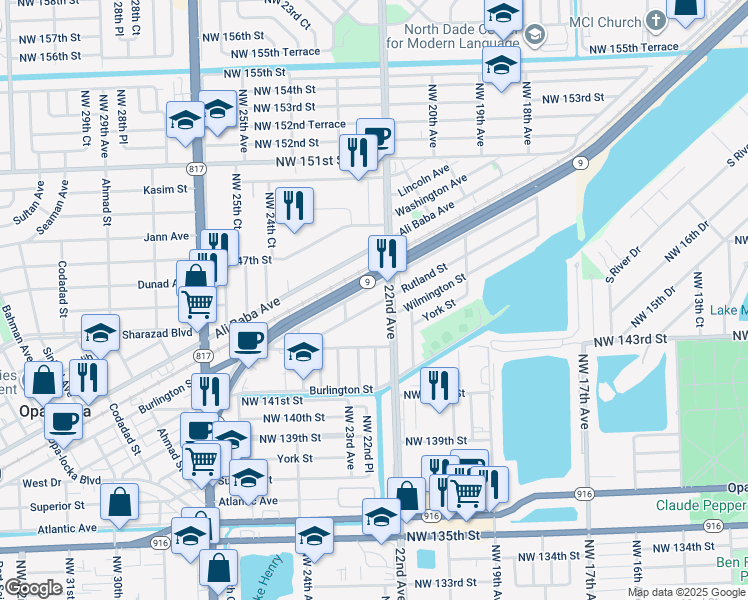 map of restaurants, bars, coffee shops, grocery stores, and more near 2231 Rutland Street in Opa-locka