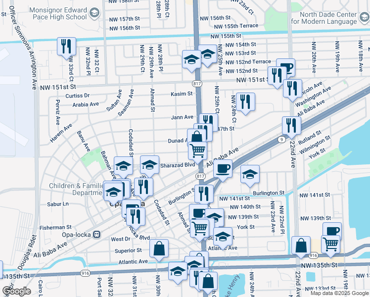 map of restaurants, bars, coffee shops, grocery stores, and more near 1321 Sesame Street in Opa-locka