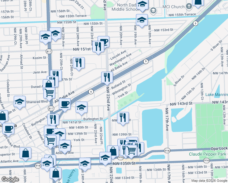 map of restaurants, bars, coffee shops, grocery stores, and more near 2161 Wilmington Street in Opa-locka