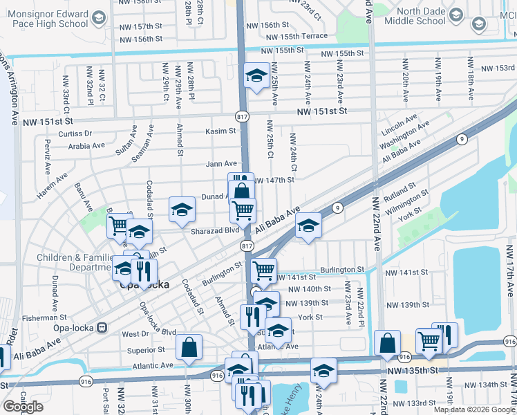 map of restaurants, bars, coffee shops, grocery stores, and more near 14525 Northwest 26th Avenue in Opa-locka