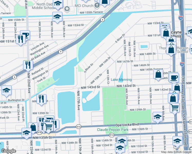 map of restaurants, bars, coffee shops, grocery stores, and more near 14420 Northwest 15th Drive in Miami
