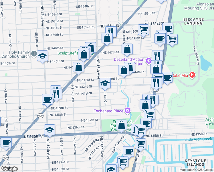 map of restaurants, bars, coffee shops, grocery stores, and more near in North Miami