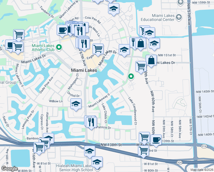 map of restaurants, bars, coffee shops, grocery stores, and more near 14630 Fitzpatrick Road in Miami Lakes