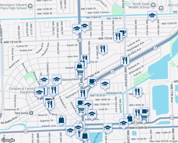 map of restaurants, bars, coffee shops, grocery stores, and more near 14525 Northwest 26th Avenue in Opa-locka