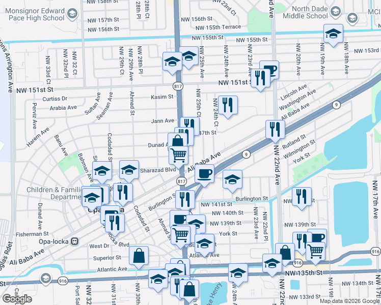 map of restaurants, bars, coffee shops, grocery stores, and more near 14525 Northwest 26th Avenue in Opa-locka