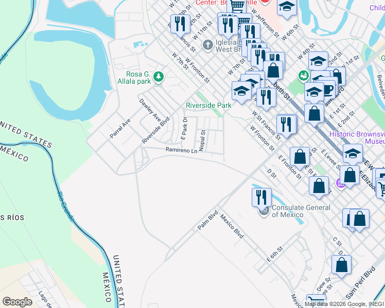 map of restaurants, bars, coffee shops, grocery stores, and more near 184 Ramireno Lane in Brownsville