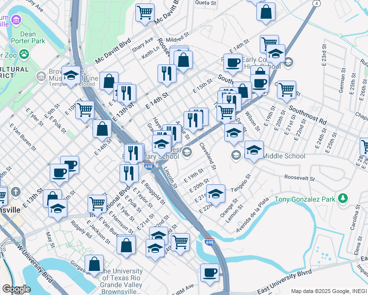 map of restaurants, bars, coffee shops, grocery stores, and more near International Boulevard in Brownsville
