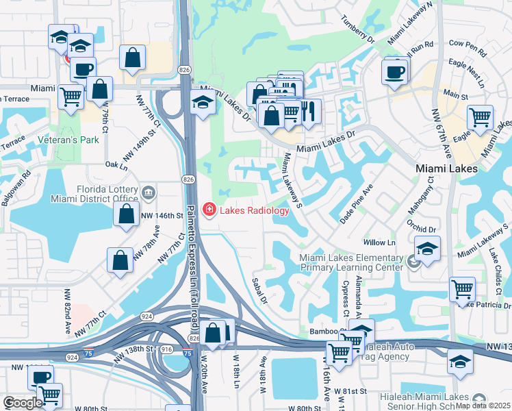 map of restaurants, bars, coffee shops, grocery stores, and more near 7403 Twin Sabal Drive in Miami Lakes