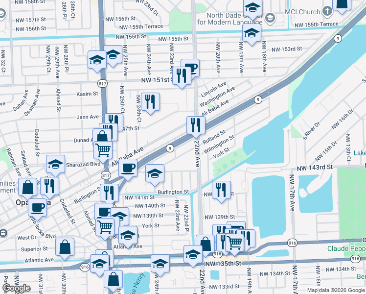 map of restaurants, bars, coffee shops, grocery stores, and more near 2231 Rutland Street in Opa-locka