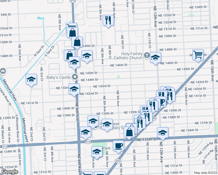map of restaurants, bars, coffee shops, grocery stores, and more near 830 Northeast 143rd Street in North Miami
