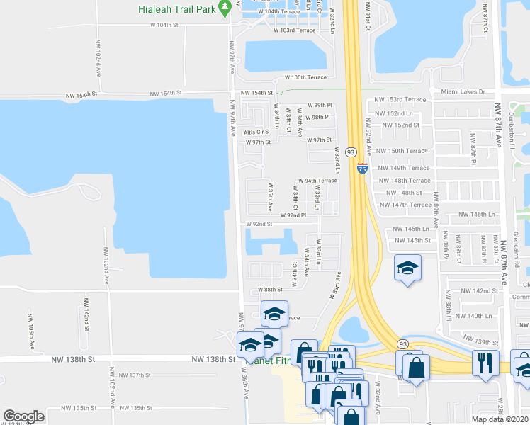 map of restaurants, bars, coffee shops, grocery stores, and more near 3511 West 92nd Place in Hialeah