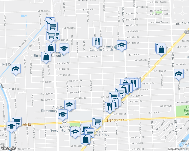 map of restaurants, bars, coffee shops, grocery stores, and more near 14225 Northeast 9th Avenue in North Miami