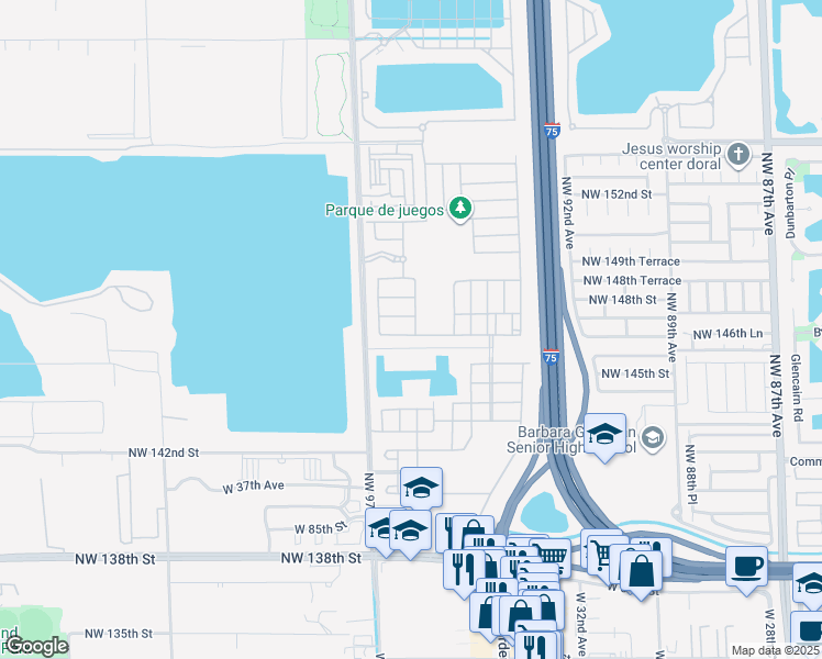 map of restaurants, bars, coffee shops, grocery stores, and more near 3511 West 92nd Place in Hialeah