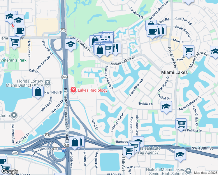 map of restaurants, bars, coffee shops, grocery stores, and more near 7280 Miami Lakeway South in Hialeah
