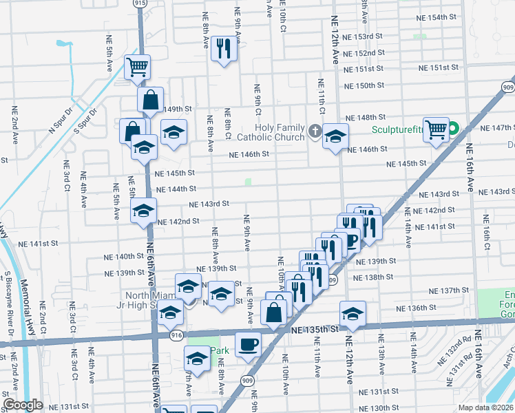 map of restaurants, bars, coffee shops, grocery stores, and more near 14225 Northeast 9th Avenue in North Miami