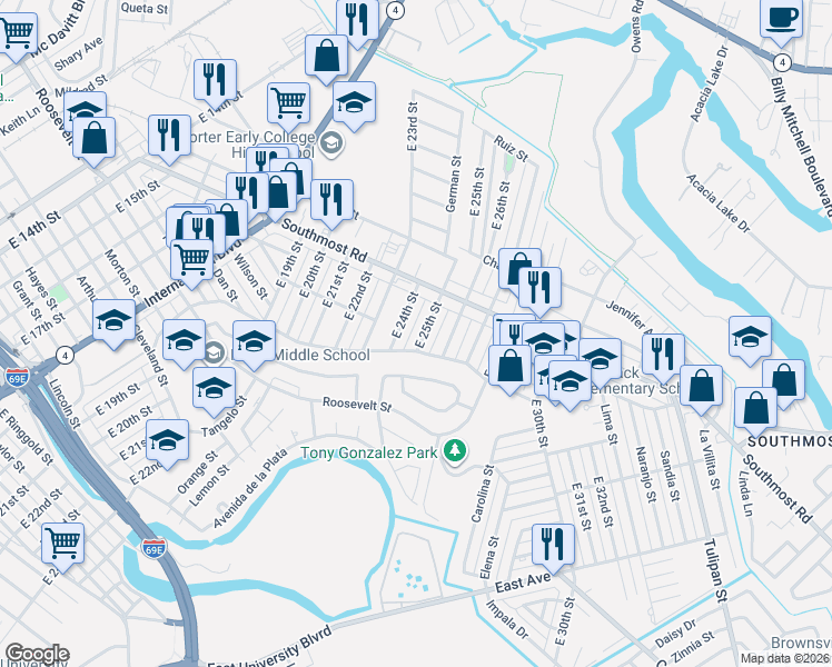 map of restaurants, bars, coffee shops, grocery stores, and more near 3104 East 25th Street in Brownsville
