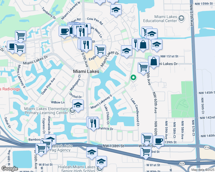 map of restaurants, bars, coffee shops, grocery stores, and more near 14630 Fitzpatrick Road in Miami Lakes