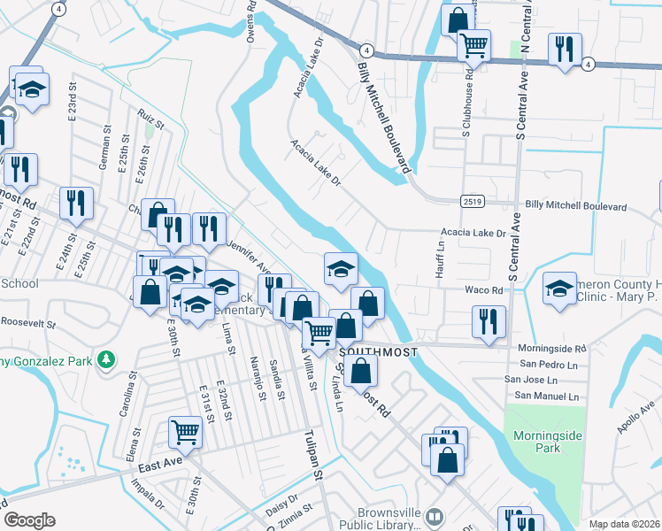 map of restaurants, bars, coffee shops, grocery stores, and more near 105 Morningside Road in Brownsville