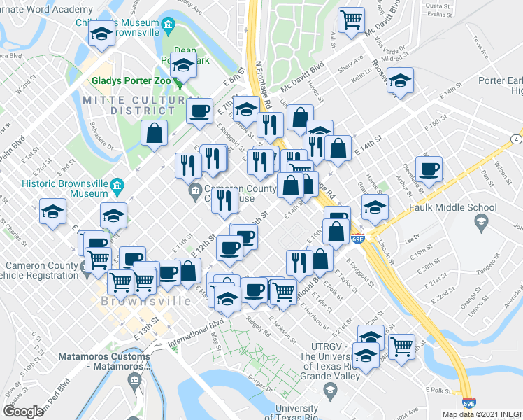 map of restaurants, bars, coffee shops, grocery stores, and more near 1249 East Polk Street in Brownsville