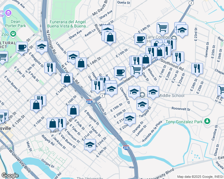 map of restaurants, bars, coffee shops, grocery stores, and more near International Boulevard in Brownsville