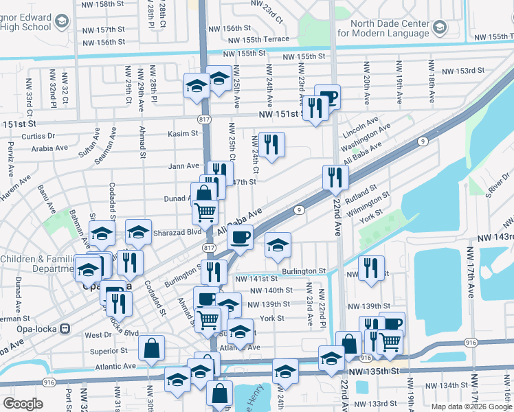 map of restaurants, bars, coffee shops, grocery stores, and more near 14591 Northwest 24th Court in Opa-locka