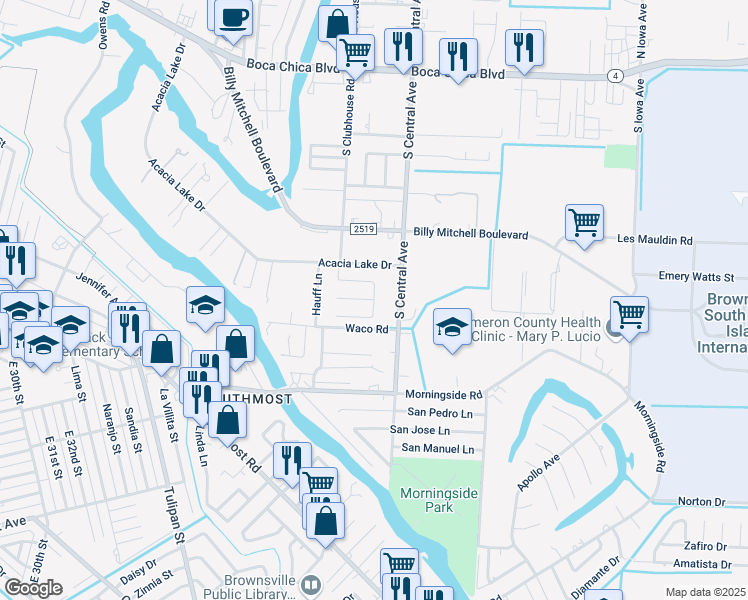 map of restaurants, bars, coffee shops, grocery stores, and more near 162 Haggar Drive in Brownsville