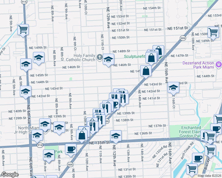 map of restaurants, bars, coffee shops, grocery stores, and more near 1205 Northeast 142nd Street in North Miami