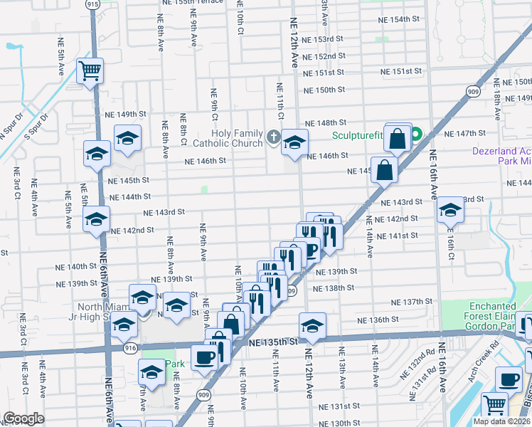 map of restaurants, bars, coffee shops, grocery stores, and more near 1041 Northeast 142nd Street in North Miami