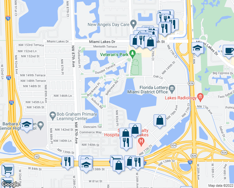 map of restaurants, bars, coffee shops, grocery stores, and more near 14601 Balgowan Road in Hialeah