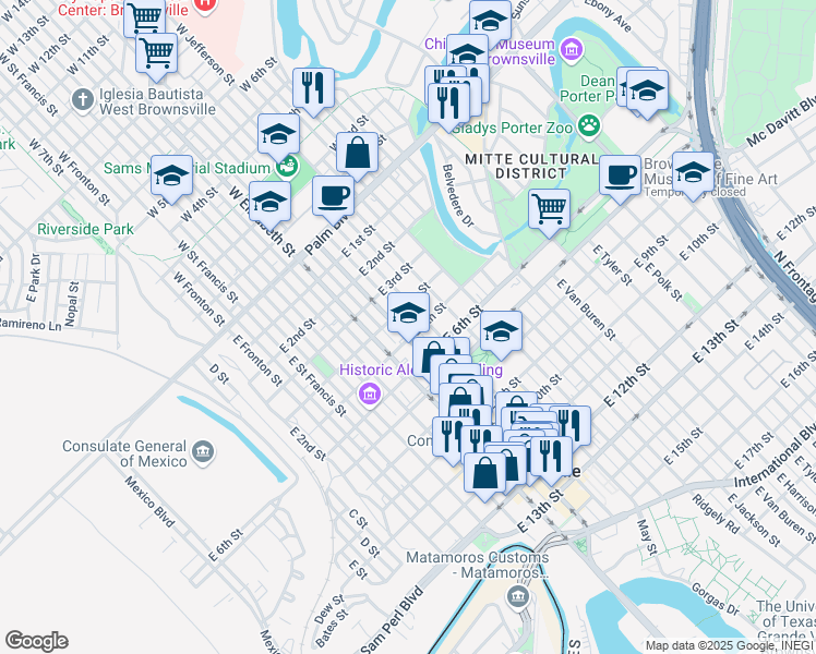 map of restaurants, bars, coffee shops, grocery stores, and more near 441 East Washington Street in Brownsville
