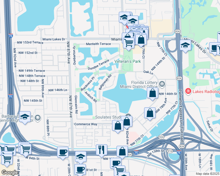 map of restaurants, bars, coffee shops, grocery stores, and more near 14601 Balgowan Road in Hialeah