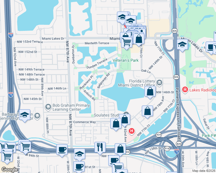 map of restaurants, bars, coffee shops, grocery stores, and more near 14601 Balgowan Road in Hialeah
