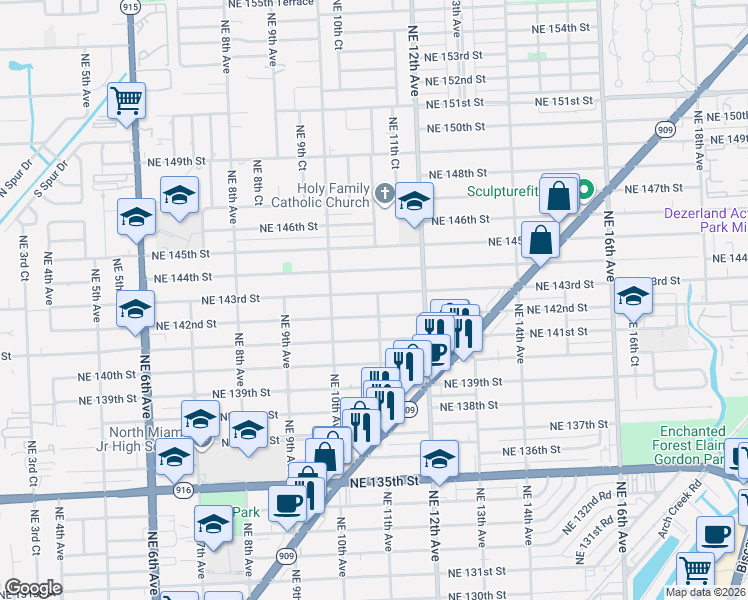 map of restaurants, bars, coffee shops, grocery stores, and more near 1041 Northeast 142nd Street in North Miami