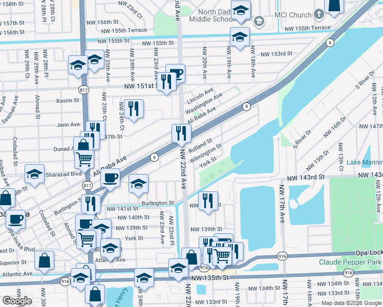 map of restaurants, bars, coffee shops, grocery stores, and more near 2161 Wilmington Street in Opa-locka