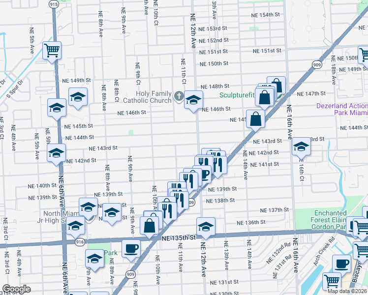 map of restaurants, bars, coffee shops, grocery stores, and more near 1121 Northeast 142nd Street in North Miami