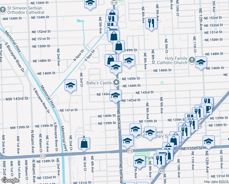 map of restaurants, bars, coffee shops, grocery stores, and more near in North Miami