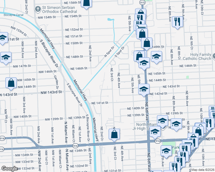 map of restaurants, bars, coffee shops, grocery stores, and more near 306 Northeast 143rd Street in Miami