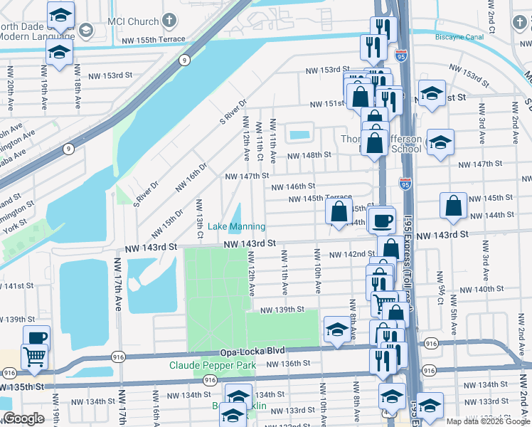 map of restaurants, bars, coffee shops, grocery stores, and more near 14401 Northwest 11th Court in Miami