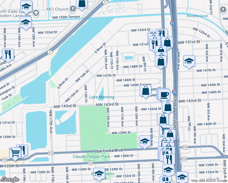 map of restaurants, bars, coffee shops, grocery stores, and more near 14401 Northwest 11th Court in Miami