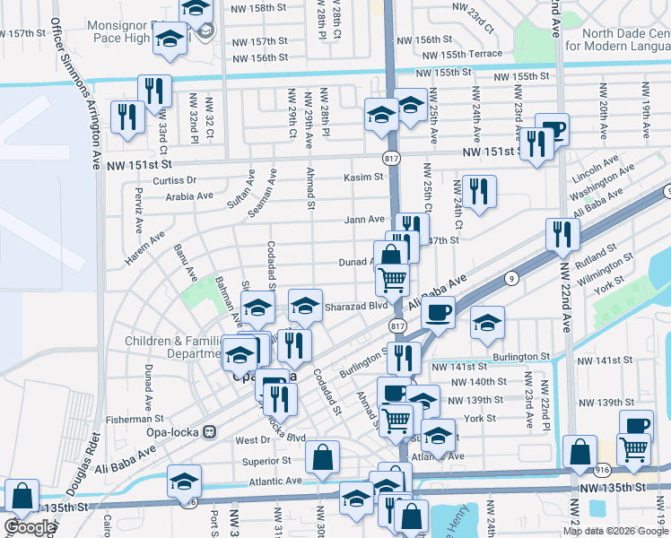 map of restaurants, bars, coffee shops, grocery stores, and more near 1225 Sesame Street in Opa-locka