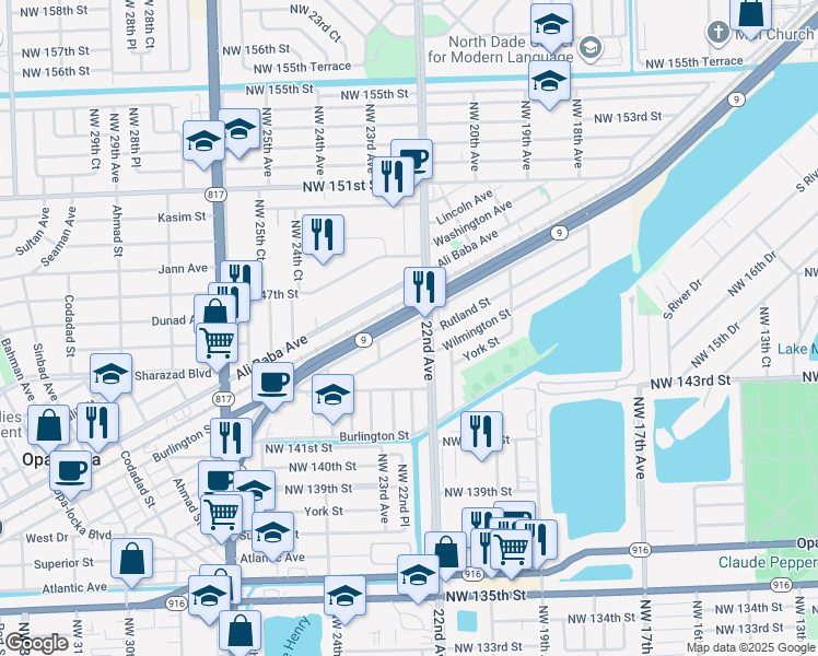 map of restaurants, bars, coffee shops, grocery stores, and more near 2231 Rutland Street in Opa-locka