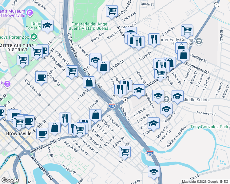 map of restaurants, bars, coffee shops, grocery stores, and more near 1734 Grant Street in Brownsville