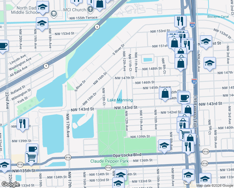 map of restaurants, bars, coffee shops, grocery stores, and more near 14410 Northwest 13th Road in Miami
