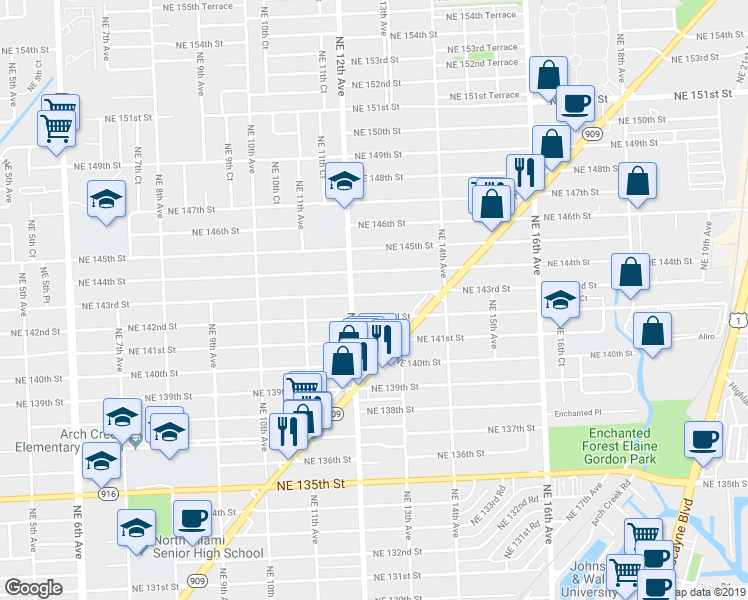 map of restaurants, bars, coffee shops, grocery stores, and more near 1285 Northeast 142nd Street in North Miami
