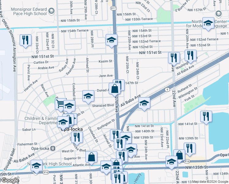 map of restaurants, bars, coffee shops, grocery stores, and more near 14504 Northwest 27th Avenue in Opa-locka