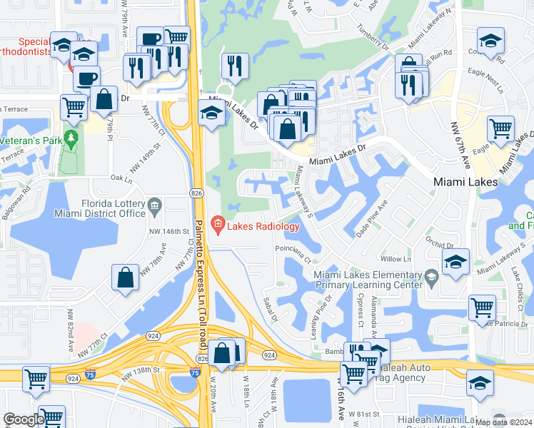 map of restaurants, bars, coffee shops, grocery stores, and more near 7403 Twin Sabal Drive in Miami Lakes